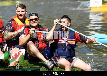 Chester, UK. 1st July 2018.  Competitors take part in the annual charity raft race on the River Dee organised by Rotary Club. Credit: Andrew Paterson/Alamy Live News Stock Photo