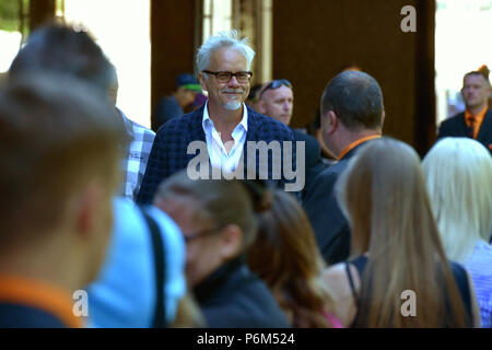 American actor and director Tim Robbins, who was awarded with the Crystal Globe Award for Outstanding Artistic Contribution to World Cinema, gives autographs to fans during the 53d International Film Festival in Karlovy Vary (KVIFF), Czech Republic, on June 30, 2018. (CTK Photo/Slavomir Kubes) Stock Photo