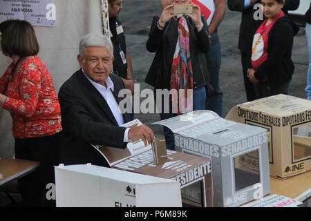 01 July 2018, Mexico, Mexiko City: Politician Andres Manuel Lopez Obrador, presidential candidate for the party Morena, casts his vote in the election. Photo: Gerardo Vieyra/dpa Stock Photo