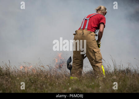 Lancashire, UK. 1 July 2018 - Female firefighters attempt to control the growing moorland fire on Winter Hill and Rivington Pike which was started a number of days ago. Fire crews from across the UK have converged on Winter Hill to control the blaze which is growing by metres per hour. Lancashire Fire and Rescue and Lancashire Police are leading the response to the 'major incident'. Credit: Benjamin Wareing/17�Թ����� Live News Stock Photo
