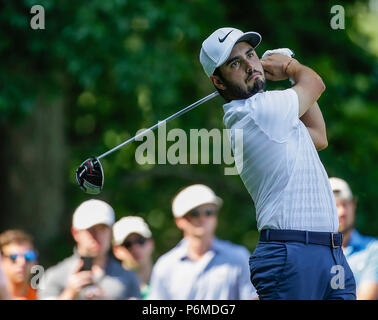 Potomac, MD, USA. 1st July, 2018. Abraham Ancer tees off on the 8th hole during the final round of the Quicken Loans National at TPC Potomac in Potomac, MD. Justin Cooper/CSM/Alamy Live News Credit: Cal Sport Media/Alamy Live News Stock Photo