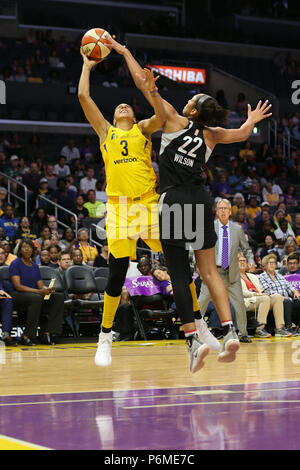 LOS ANGELES, CA - JULY 01: Los Angeles Sparks forward Candace Parker (3) drives to the basket and is fouled by Las Vegas Aces center A'ja Wilson (22) during a WNBA game between the Los Angeles Sparks and the Las Vegas Aces on July 01, 2018, at Staples Center, in Los Angeles, CA. Jordon Kelly/CSM Stock Photo