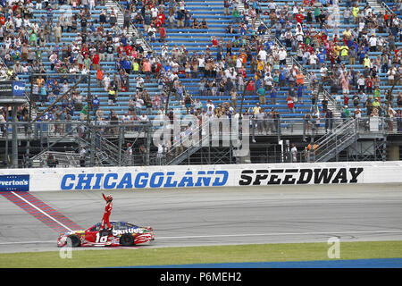 Joliet, Illinois, USA. 1st July, 2018. Kyle Busch (18) wins the Overton's 400 at Chicagoland Speedway in Joliet, Illinois Credit: Justin R. Noe Asp Inc/ASP/ZUMA Wire/Alamy Live News Stock Photo