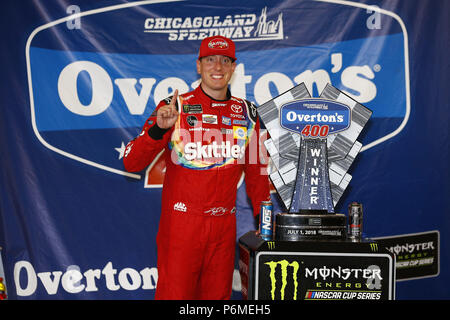 Joliet, Illinois, USA. 1st July, 2018. Kyle Busch (18) wins the Overton's 400 at Chicagoland Speedway in Joliet, Illinois Credit: Justin R. Noe Asp Inc/ASP/ZUMA Wire/Alamy Live News Stock Photo