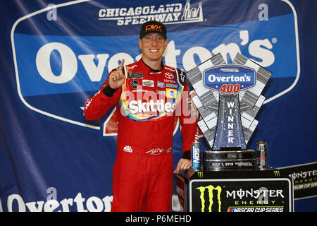 Joliet, Illinois, USA. 1st July, 2018. Kyle Busch (18) wins the Overton's 400 at Chicagoland Speedway in Joliet, Illinois Credit: Justin R. Noe Asp Inc/ASP/ZUMA Wire/Alamy Live News Stock Photo