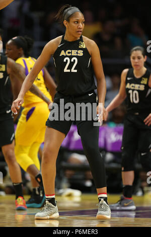 LOS ANGELES, CA - JULY 01: Las Vegas Aces center A'ja Wilson (22) during a WNBA game between the Los Angeles Sparks and the Las Vegas Aces on July 01, 2018, at Staples Center, in Los Angeles, CA. Jordon Kelly/CSM Stock Photo