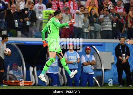 jubilation, joy, enthusiasm at Danijel SUBASIC (goalkeeper CRO) after the end of the game, penalty shootout, action, single action, single shot, cut out, full body shot, full figure. Croatia (CRO) Denmark (DEN) 4-3 iE Eighth-Finals, Round of 16, Game 52, on Jul 1, 1818 in Nizhny Novgorod, Nizhny Novgorod Stadium. Football World Cup 2018 in Russia from 14.06. - 15.07.2018. | usage worldwide Stock Photo