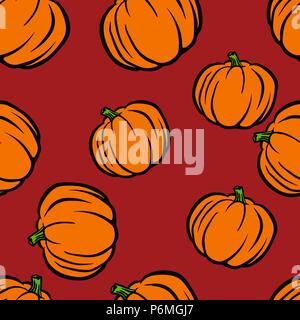 Pumpkins pattern seamless. Vector illustration. Food wallpapers from vegetables. Red background. Stock Vector