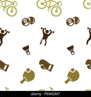 Sports games set pattern seamless. Billiards, table tennis, boxing, weightlifting, badminton. Vector illustration. Isolated white background. Stock Vector