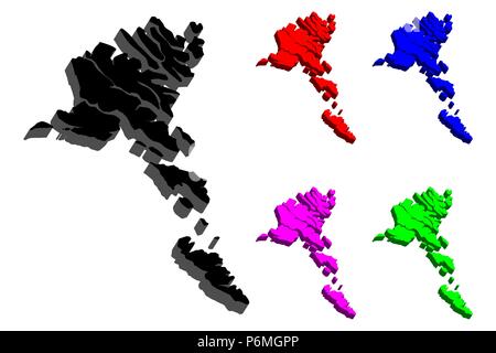 3D map of Faroe Islands (Faeroe Islands) - black, red, purple, blue and green - vector illustration Stock Vector