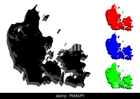 3D map of Denmark (Kingdom of Denmark) - black, red, blue and green - vector illustration Stock Vector