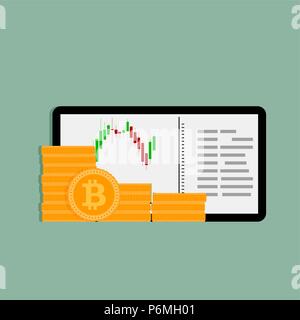 Trade in crypto currency. Tablet with chart and graphic, stack golden bit coin. Vector illustration Stock Vector