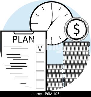 Plan time and money line art icon for app mobile. Checklist plan, clock and stacked coins. Vector illustration Stock Vector
