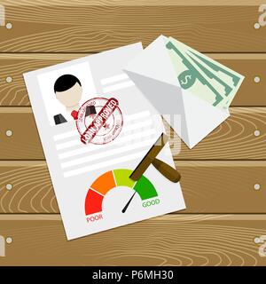 Loan approved customer document. Good credit history and approved stamp. Money banknote on envelope on wooden table. Vector illustration Stock Vector
