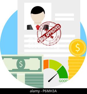 Approved credit or loan. Money for mortgage or car. Icon app colored isolated on white. Vector illustration Stock Vector