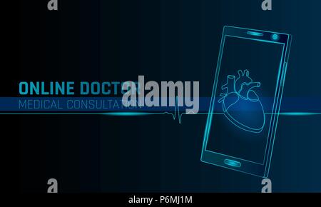 Doctor online medical app mobile applications. Digital healthcare medicine diagnosis concept banner. Human smartphone one line continuous heart cardiology technology vector illustration Stock Vector