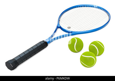 Tennis racket and balls, 3D rendering isolated on white background Stock Photo