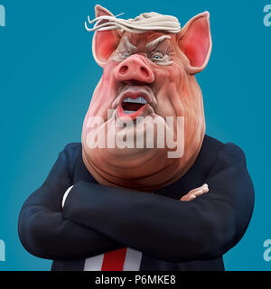 Pig boss talks with arms crossed. Animal farm. 3D illustration Stock Photo