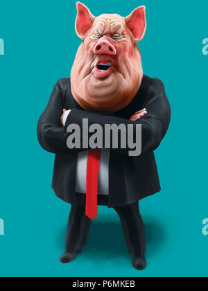 Pig boss talks with arms crossed. Animal farm. 3D illustration Stock Photo