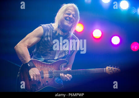 Deep Purple guitar player, Steve Morse performs. Deep purple band performs at Tauron Arena Krakow as part of the farewell tour, The Long Goodbye Tour. Stock Photo