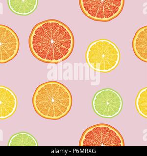 Seamless pattern slice oranges, lemons, limes, grapefruits. Vector illustration. Food wallpapers from citrus fruit. Pink background. Stock Vector