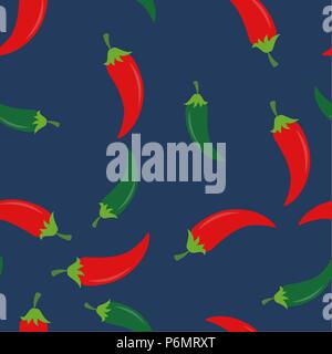 Red and green chili peppers pattern seamless. Vector illustration. Food wallpapers from vegetables. Dark blue background. Stock Vector