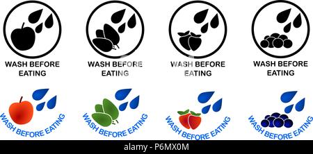 Wash before eating set of symbols. Black and color version sign, drops of water falling on apple, green leaves, strawberries and blueberries. Stock Vector