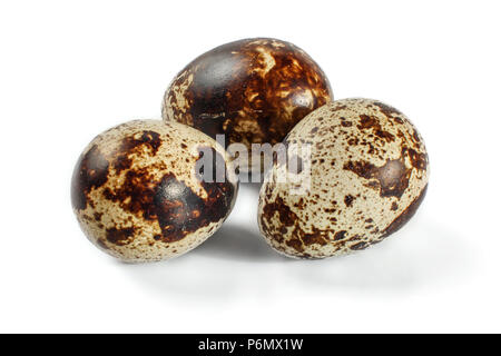 Three quail eggs isolated on white background. Stock Photo