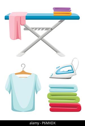 Laundry room icon collection. Blue ironing board, white iron, pile of towels and ironed t-shirt. Flat cartoon illustration isolated on white backgroun Stock Vector