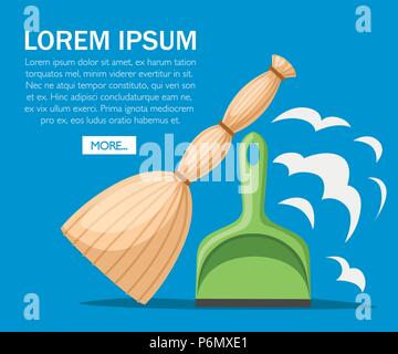 Green plastic dustpan with yellow broom. Flat design style. Cleaning set objects. Vector illustration on blue background. Web site page and mobile app Stock Vector