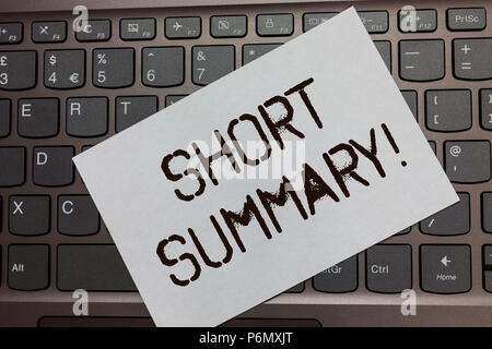 Text sign showing Short Summary Motivational Call. Conceptual photo Brief statement of main points clear Black laptop keyboard art paper nice computer Stock Photo