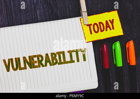 Handwriting text writing Vulnerability. Concept meaning Information susceptibility systems bug exploitation attacker Papers marker pens nice art daily Stock Photo