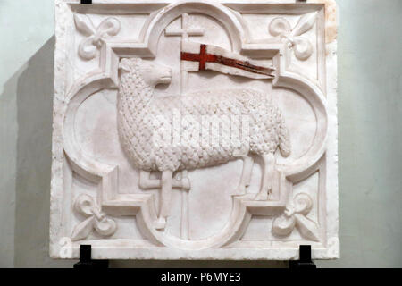Cathedral of the Assumption of Mary and Saint John the Baptist. Lamb of God.  Aosta. Italy. Stock Photo