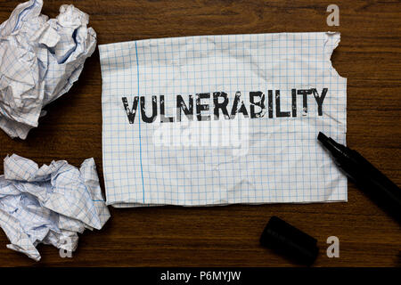 Handwriting text writing Vulnerability. Concept meaning Information susceptibility systems bug exploitation attacker Ideas papers inspiration memories Stock Photo