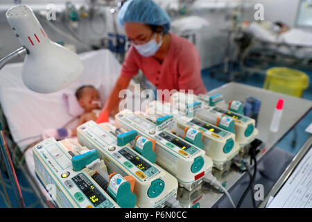 Tam Duc Cardiology Hospital. Vietnamese child suffering from heart diseases.  Intensive care unit. Ho Chi Minh City. Vietnam. Stock Photo