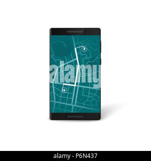 Mobile navigation app interface. map and gps navigation concept. City map on phone screen with marked route. Vector illustration Stock Vector