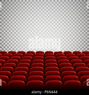 Wide empty movie theater auditorium with red seats. Rows of red theater seats. Vector illustration isolated on transparent background Stock Vector