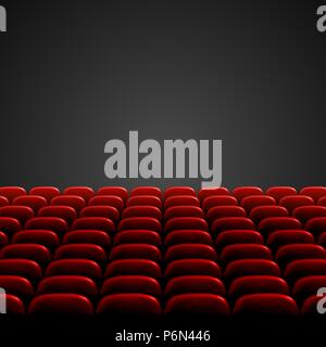 Rows of red cinema or theater seats in front of black blank screen. Wide empty movie theater auditorium with red seats. Vector illustration Stock Vector