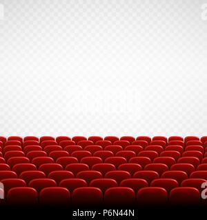 Wide empty theater auditorium with red seats. Rows of red cinema or theater seats in front of transparent background. Vector illustration Stock Vector