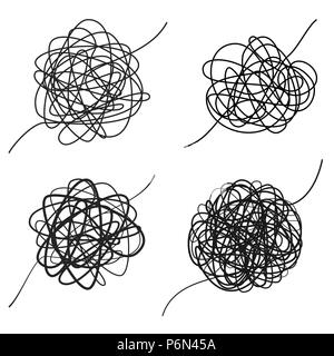 Set of complicated black line way. Chaotic texture.  Hand drawn tangle of tangled thread. Sketch spherical abstract scribble shape. Vector illustratio Stock Vector