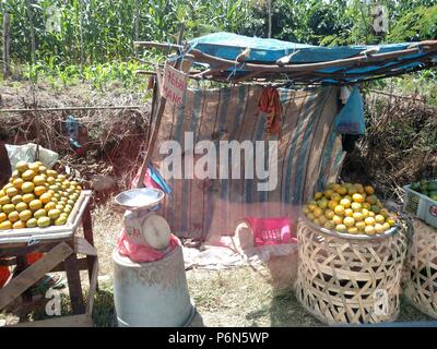 Roadside sale in South East Asia, a developing nation; poor family surviving heat for money, takes shade in bamboo made shelter- tent &baskets around Stock Photo