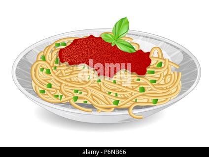 white plate of spaghetti with tomato sauce and basil Stock Vector