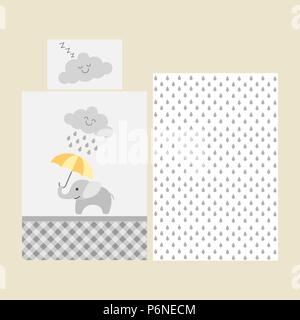 Cute baby bedsheet pattern - elephant with orange umbrella under rainy cloud Stock Vector