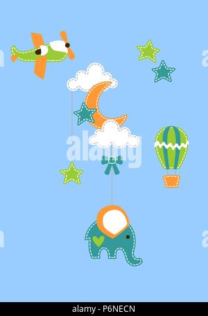 Baby background - elephant under moon and clouds with airplane baloon and stars Stock Vector