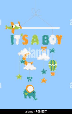 Its a Boy - baby decoration with stars airplanes elephant balloon hanging on thread Stock Vector