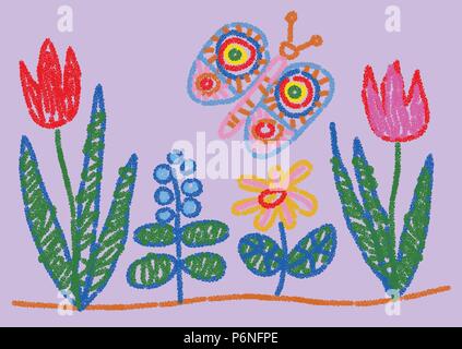 Child drawing styled flowers and butterfly. Wax crayon like vector graphic on separated, colorable background. The elements can be rearranged. Stock Vector