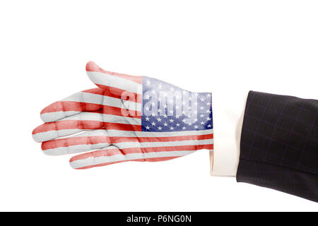 Handshake gesture businessman hand with USA flag isolated on white background Stock Photo