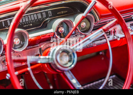 Shallow depth of field closeup of the dashboard and instrumentation details on a 1964 Mercury Montclair. Stock Photo