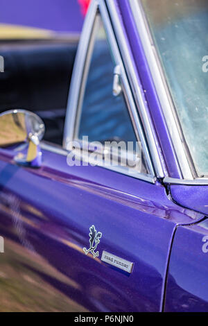 Shallow depth of field closeup of the passenger door decal and nameplate for the 1968 Plymouth Road Runner. Stock Photo