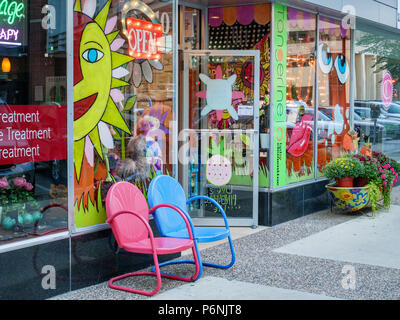 Colorful store front and chairs. Rochester, Minnesota. Stock Photo